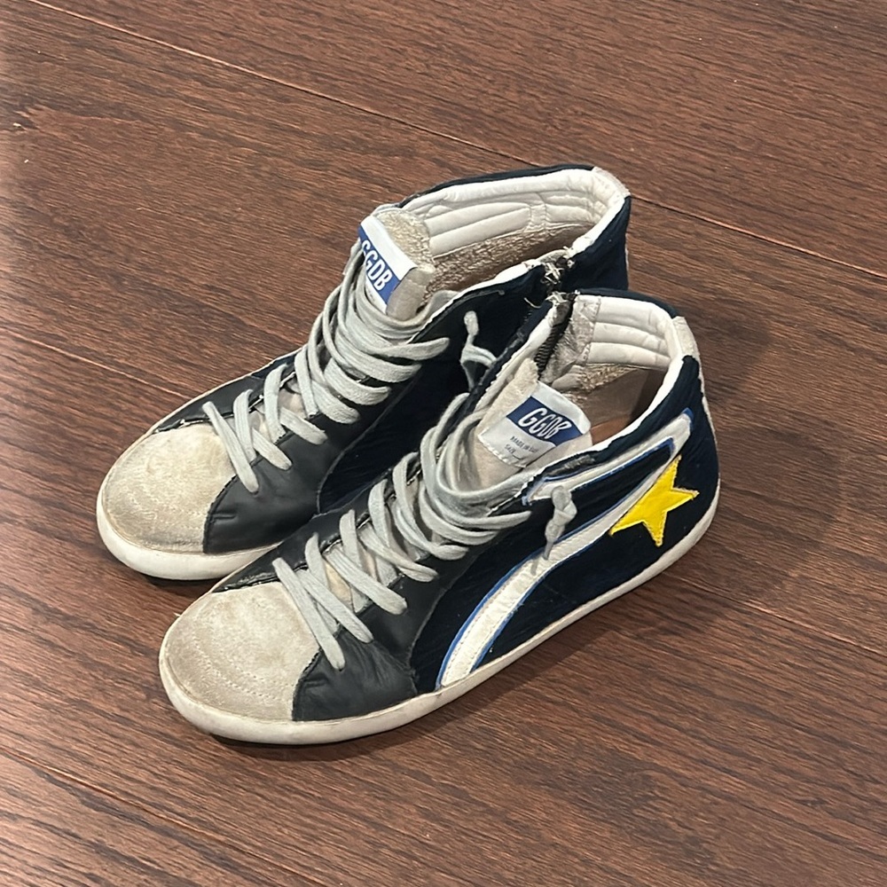 Golden Goose Navy Blue and Yellow Star High-Top Sneakers